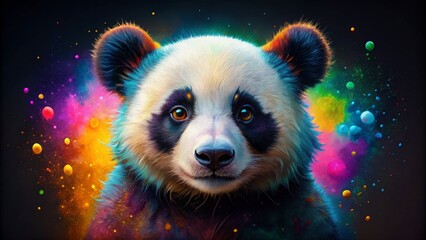Obraz premium Adorable panda's vibrant fur shines against a black background, surrounded by dynamic colorful splashes, creating a playful and artistic portrait of this beloved animal.