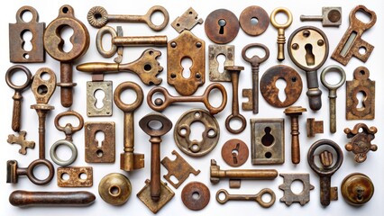 Obraz premium Assorted antique keyholes in various shapes and sizes, old rusty and worn keys, scattered across a clean white background, evoking nostalgia and forgotten memories.