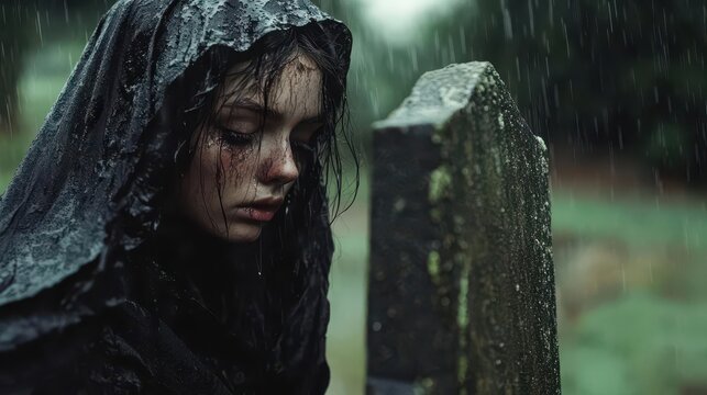 A woman in mourning attire, soaked by rain, stares at a gravestone with hollow eyes, lost in grief