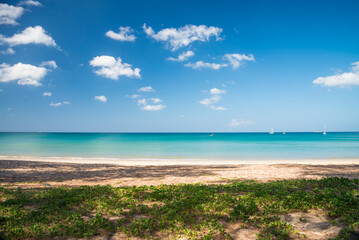 Beautiful tropical beach in blue sky background with white cloud in sunny day, Phuket island Thailand. Travel summer beach holiday, nature and save environmental concept.