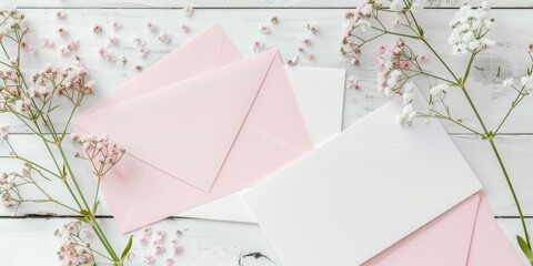 Blank pink cards with white envelopes, handmade stationery, ready to write a personal note or send a greeting. Decorated with elegant floral arrangements.