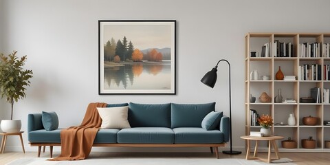 A serene landscape painting depicting a lake or pond surrounded by trees in autumn colors, with a black lamp on a wooden side table in the foreground.