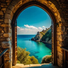 A stone archway frames a breathtaking view of a turquoise sea and a rocky coastline covered in lush greenery.