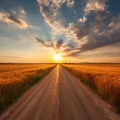 Naklejka premium Serene Sunset Pathway Through Golden Wheat Fields Under a Majestic Sky