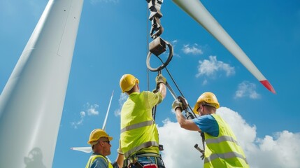 A wind turbine maintenance crew using a crane to lift parts