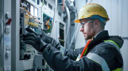 Fototapeta premium A wind turbine technician in full safety gear working on the turbine control system