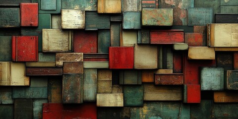 Abstract Wall of Distressed Wooden Blocks in Red, Green, and Yellow Hues