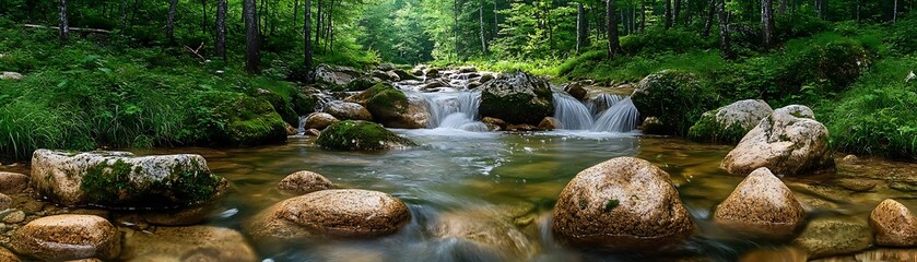 Forest Stream with Smooth Rocks and Lush Greenery - Photo