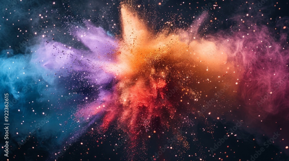Poster colorful explosion of powdered pigment creating a cosmic effect in a dark space