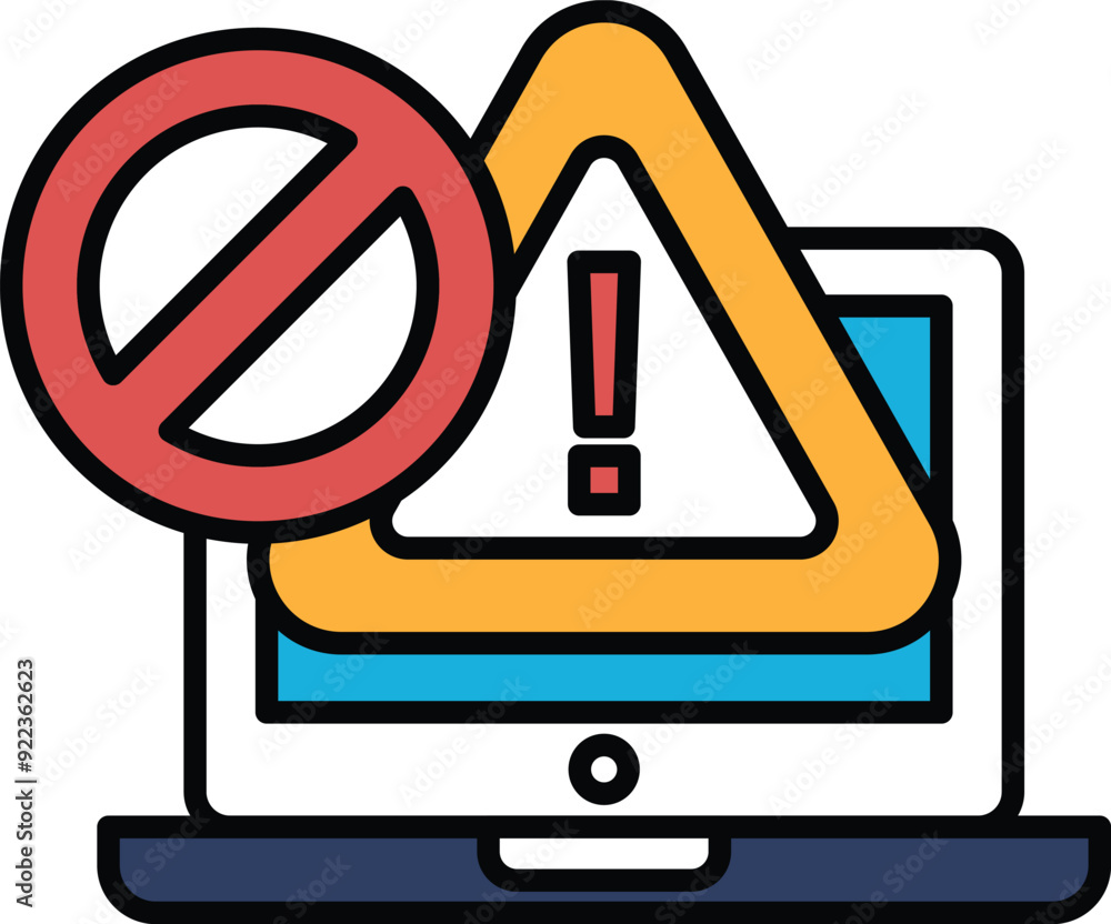 Poster a laptop with a no sign on it and a red triangle with an exclamation point. concept of urgency and c