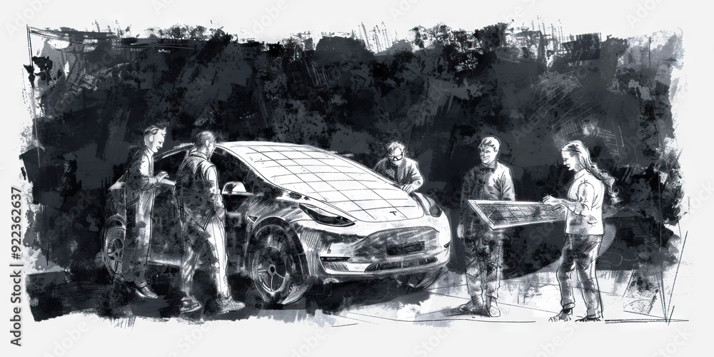 Poster a group of engineers work together, laughing and collaborating on a blueprint for a solar-powered ca