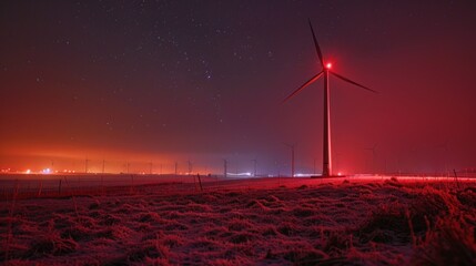A wind turbine with red safety lights glowing at night