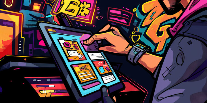 A software developer shows off their new app, designed to simplify the process of managing finances, on a tablet screen.