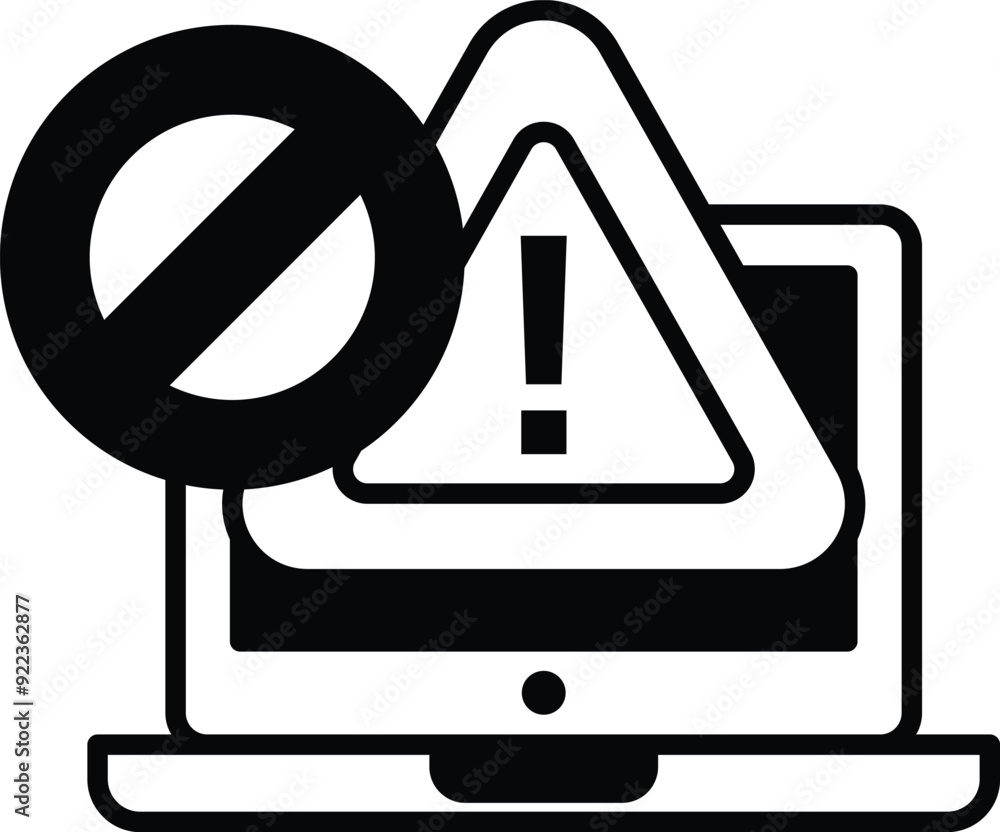 Poster a laptop with a no sign on it and a red triangle with an exclamation point. concept of urgency and c