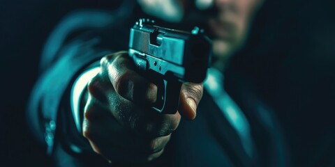 Dark alley scene with man pointing gun, conveying tension and potential danger.