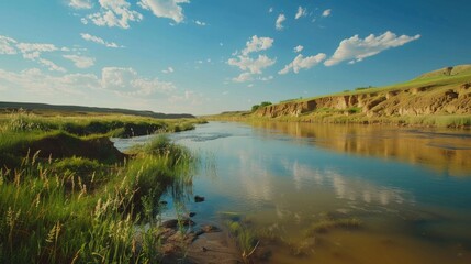 Obraz premium A serene river flowing through a grassy high plains landscape, adorned with wildflowers along the bank.