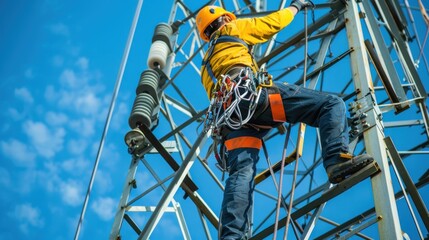 A wind turbine worker climbing a turbine tower with safety harnesses