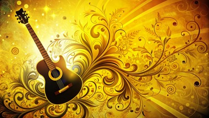 Fototapeta premium Vibrant yellow backdrop showcases elegant guitar silhouette amidst swirling floral patterns, grunge textures, and abstract light waves, evoking a sense of classy rock 'n' roll style.