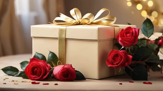 Celebrate love with a beautiful gift box and fresh roses in a cozy room