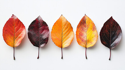 Five autumn leaves arranged in a row on a white background, suitable for seasonal decoration or nature-themed designs.