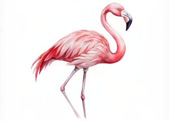 Delicate watercolor illustration featuring a solitary pink flamingo standing serenely on a blank white surface, its vibrant plumage contrasting with the clean backdrop.