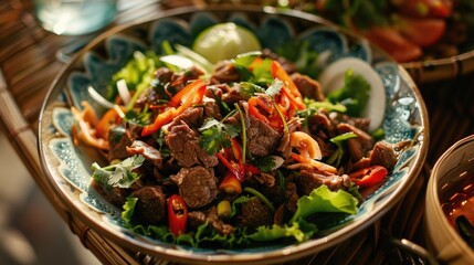 A fresh and vibrant shaved beef salad with mixed greens, crisp vegetables, and a splash of spices. A protein-packed ethnic dish suitable as an appetizer or main course.