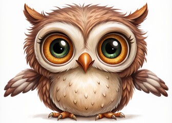 Fototapeta premium Whimsical cartoon owl assistant design, available in diverse concepts, featuring big round eyes and cute expressions, perfect for virtual assistance or business branding.