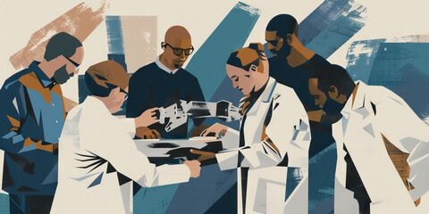 A team of scientists wearing white coats examines a 3D-printed prosthetic arm, marveling at the intricate details and possibilities for medical innovation.