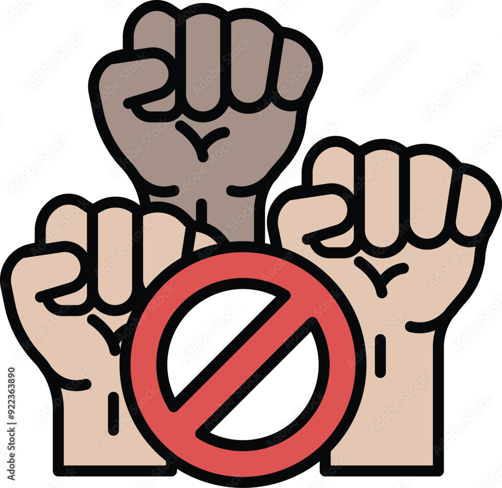 Poster a black and white image of three hands holding up a no sign. the image conveys a message of unity an