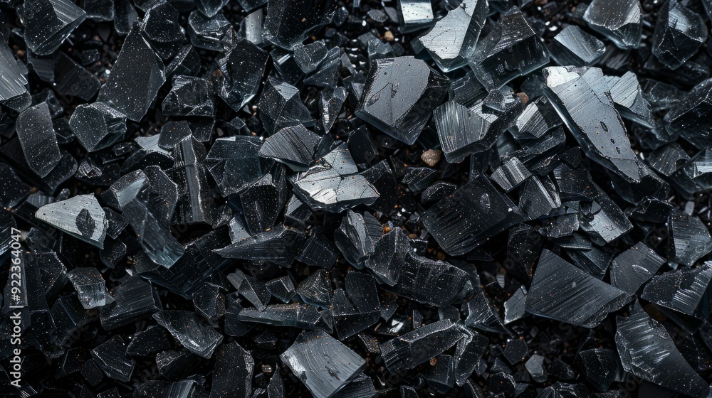 Poster black obsidian stones scattered on a surface, showcasing angular shards and rough textures