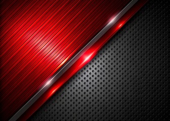 Vibrant red and black light pattern with gradient effect on sleek modern tech background, featuring diagonal metal texture, set against black floor and wall.