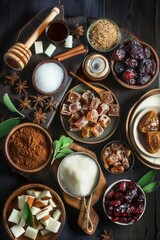 A variety of sweet and spicy cooking ingredients, including sugar, candy, fruits, and seasonings.
