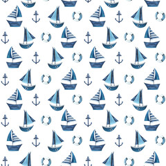 Sea sailboats striped, anchors and lifebuoys. Watercolor illustration hand drawn in an abstract childish style. Seamless pattern on a white background.