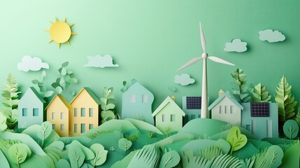 Concept for green and renewable energy, paper cut style, a village powered by solar panels and windmills.