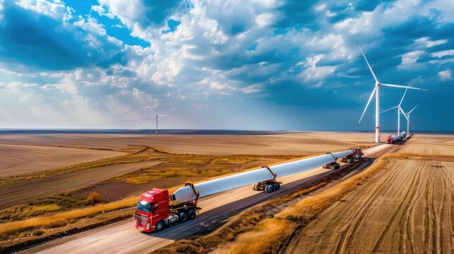 Convoy of trucks transporting massive wind turbine blades through a rural landscape