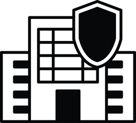 A building with a shield on top of it. The shield is black and white. The building is tall and has many windows