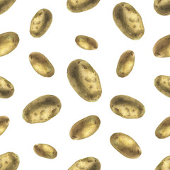 Obraz premium Whole tuber of white potatoes with brown skin. Watercolor illustration, hand drawn on the theme of harvest, cooking, food, packaging, vegetable shop design. Seamless simple pattern