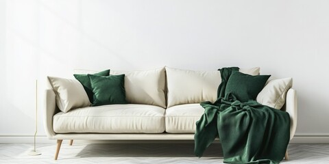 A modern living room with a minimalist design, featuring white walls and a colorful sofa adorned with throw pillows.