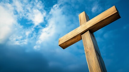 A wooden cross stands tall against a backdrop of blue sky and fluffy clouds, capturing a serene moment in nature.