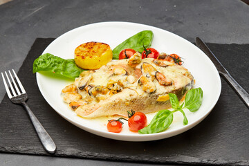 Delicious baked salmon steak with cream sauce and mussels is served on a plate and ready to eat
