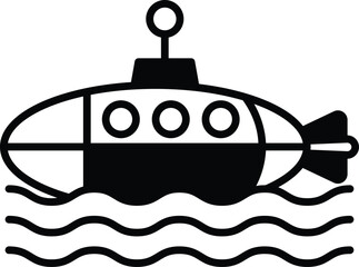 A black and white drawing of a submarine in the water. The submarine is small and has a rocket on the back