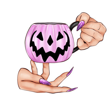 Female hand with glittery nails holding a pink pumpkin-shaped Halloween mug