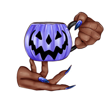 Female hand with glittery nails holding a pink pumpkin-shaped Halloween mug