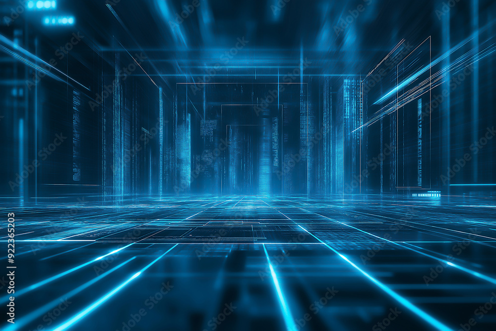 Poster abstract blue lines on a technology and ciyscape background for presentations or futuristic web desi