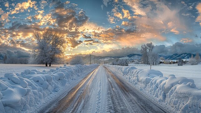 Snow-covered road at sunset with dramatic clouds in winter landscape