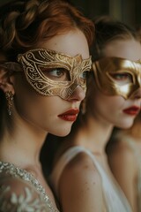 Two women with gold masks, one looking at the camera, the other looking away.
