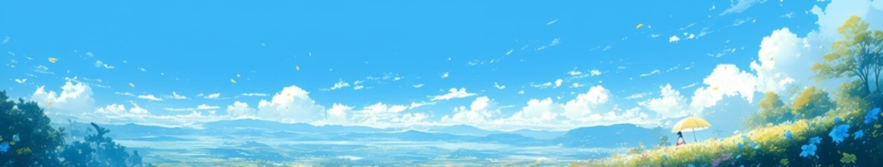 Obraz premium Enchanting Anime-Style Winter Wonderland: Yellow Umbrellas in Snowy Landscape with Swirling Snowflakes. Dreamy 4K Scene for Creative Marketing, Game Design, and Seasonal Artwork featuring Vibrant Blue