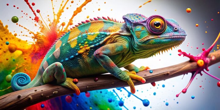 Vibrant chameleon perched on a dynamic splash of paint, blending artistic creativity with nature's mastery of color adaptation, symbolizing innovative thinking and artistic expression.