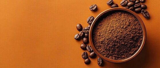 Ground Coffee in a Bowl with Coffee Beans Scattered Around