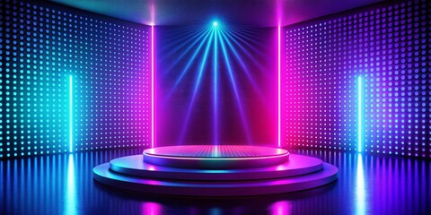 Vibrant pink and ultraviolet hues burst from a futuristic podium, set against a neon glowing dotted abstract floor, surrounded by a radiant blue 3D screen backdrop.
